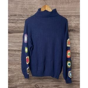 Zaful Women's Dark Blue Turtleneck Sweater with Crochet Sleeves Size Small